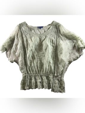 Democracy Boho Embroidered Flutter Sleeve Peasant Blouse Sage Green Small